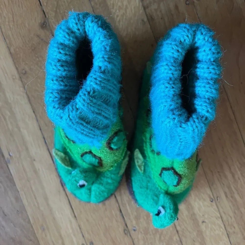Garnett Hill boiled wool turtle animal slippers 6 36 6T green turquoise warm kid